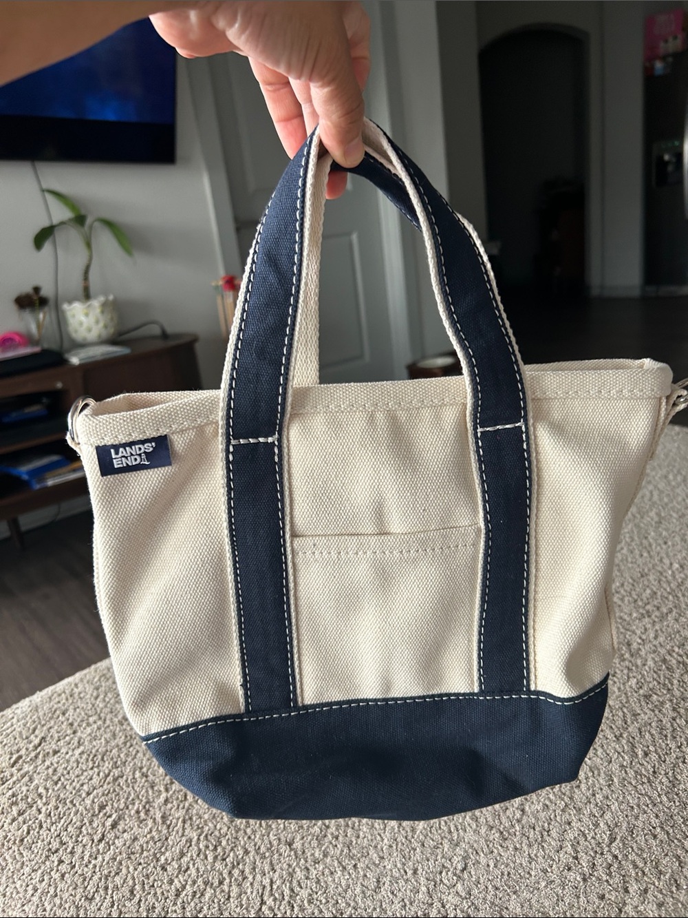 Lands' End Two-Tone Cream and Navy Canvas Tote